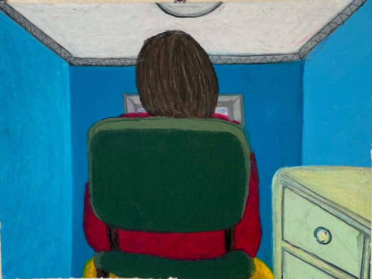 Camille Holvoet, Camille sits by herself when she wants to be quiet, 1990. Pastel and pencil on paper, 20 x 26 in. Courtesy of the artist. 