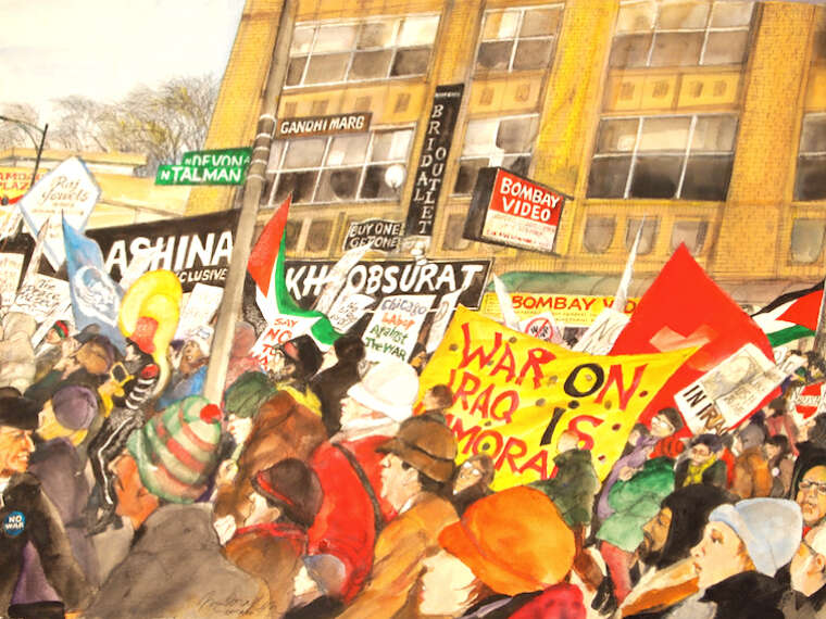 Franklin McMahon, Anti-war Protest Iran War on Devon Ave. in Chicago, 2003. Acrylic and graphite on paper, 22 x 33 inches.